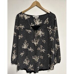 Tempted Hearts Women's 3X Blouse Floral Dot 1/4 Zip Contrasting Fabric Romantic